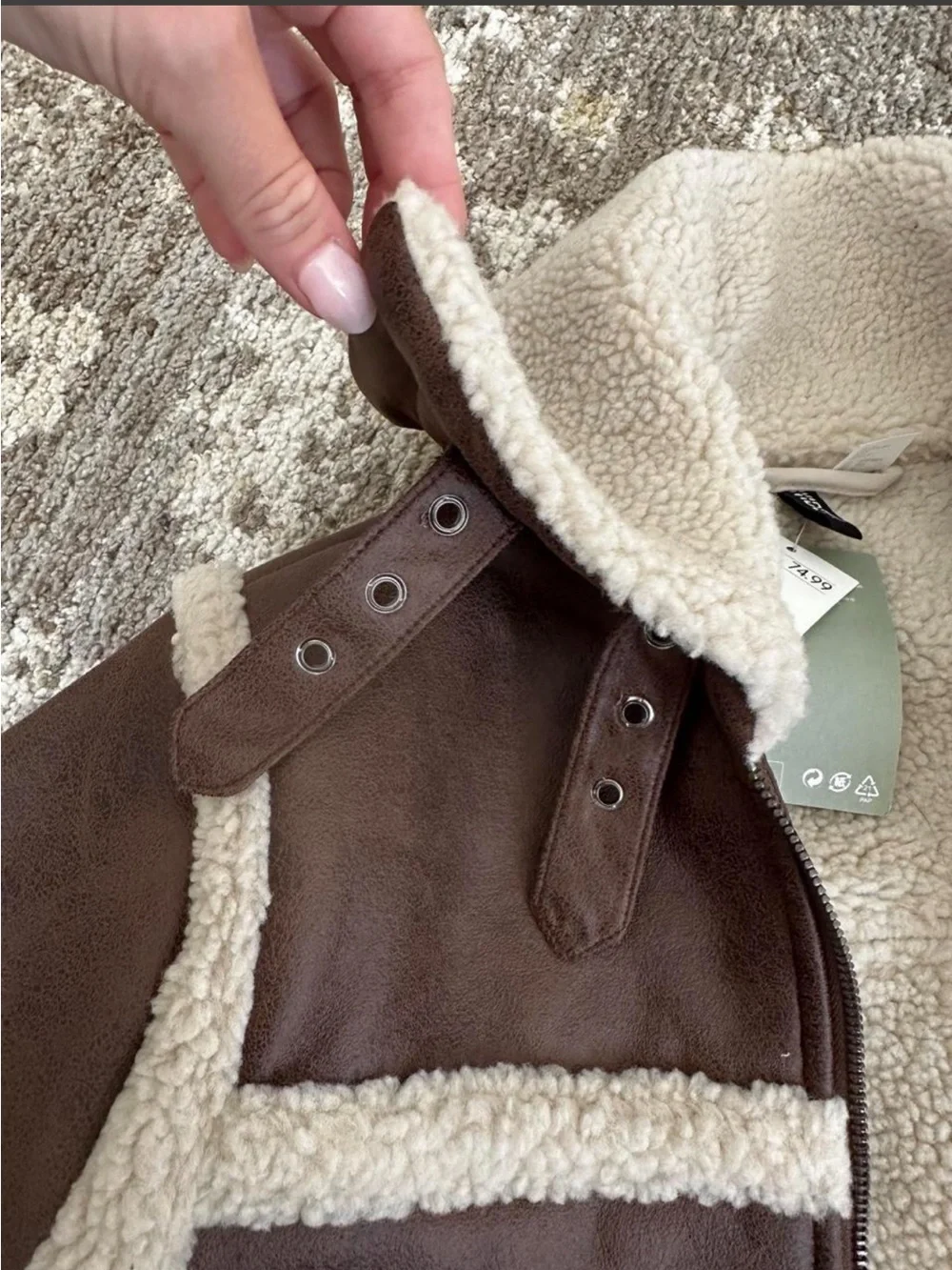 H&M Brown Faux Leather Teddy Jacket with Cream Sherpa Trim